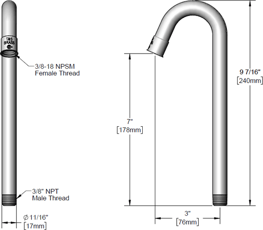 T&S Brass (000392-40) Rigid Gooseneck w/ 3in Spread, Less Aerator additional product graphic