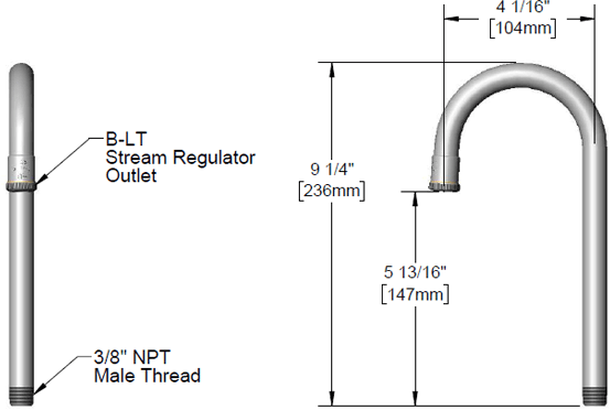 T&S Brass (165X) Rigid Gooseneck, 4-1/16in Spread, 8-1/4in Height, 4-13/16in Clearance additional product graphic
