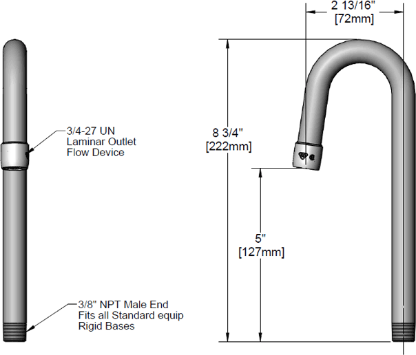T&S Brass (5SP-03) Rigid Gooseneck, 2-13/16in Spread, 5in Clearance, 8-3/4in Height, 3/4-27UN Laminar Outlet additional product graphic