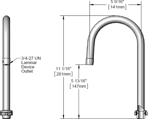 T&S Brass (5SP-05) Swivel Gooseneck, 5-1/2in Spread, 11in Height, 3/4-27UN Laminar Outlet Device additional product graphic