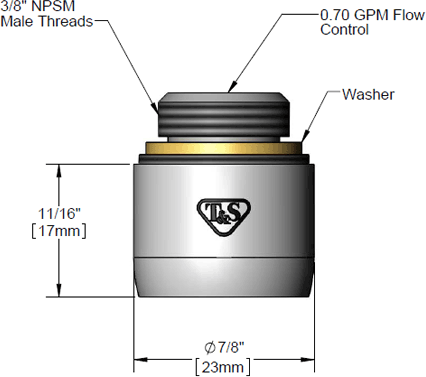 T&S Brass (B-0199-02F-07) Aerator, Non-Splash, Flow Control, .70 GPM, 3/8in NPSP Male Threads additional product graphic