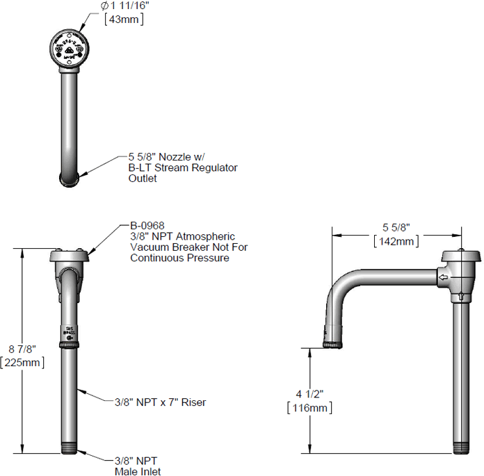 T&S Brass (B-0405-02) Nozzle, Rigid, Vacuum Breaker, 5-5/8in Spread, 8-7/8in Height additional product graphic