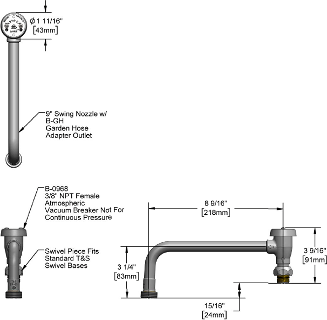 T&S Brass (B-0409-03) Nozzle, Swivel, Vacuum Breaker, 8-5/8in Spread, 3-11/16in Height additional product graphic