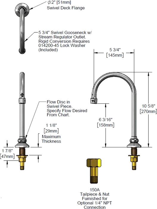 T&S Brass (B-0520-F05) Rigid/Swivel Gooseneck, Deck Mount, 0.5 GPM Flow Disc, 5-3/4in w/ B-PT additional product graphic