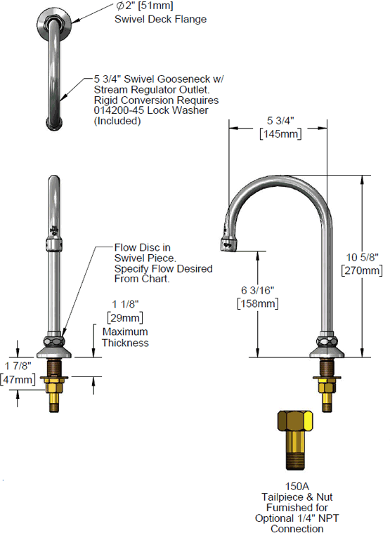 T&S Brass (B-0520-F15) Rigid Gooseneck, Deck Mount, Flow Control Outlet, Gpm 1.40, 5-1/2in Spread, 10-1/4in Height additional product graphic