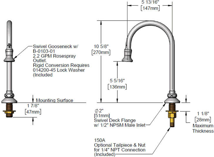 T&S Brass (B-0522) Rigid Gooseneck, Deck Mount, Rosespray, 5-1/2in Spread, 10-1/4in Height additional product graphic
