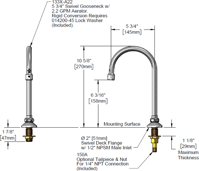 T&S Brass (B-0523) Rigid Gooseneck, Deck Mount, Aerator, 5-1/2in Spread, 12-1/4in Height additional product graphic