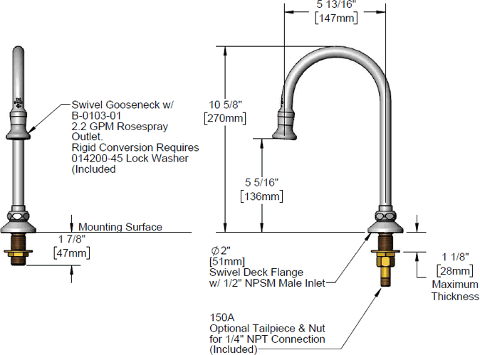 T&S Brass (B-0524) Rigid Gooseneck, Deck Mount, Rosespray, 5-1/2in Spread, 12-1/4in Height additional product graphic