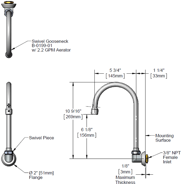 T&S Brass (B-0527) Swivel Gooseneck, Wall Mount, 2.2 Gpm Aerator, 5-3/4in Spread, 10-1/2in Height additional product graphic
