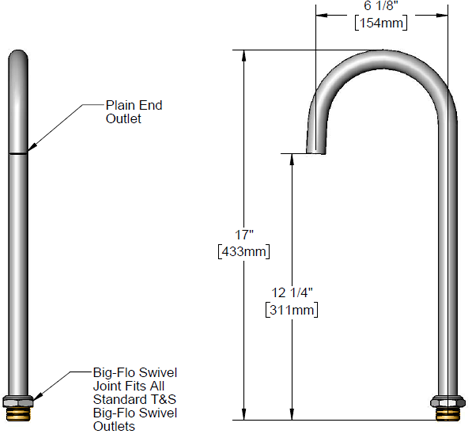 T&S Brass (BF-0136-X) Big-Flo Swivel Gooseneck, Plain Tip, 12-1/4in Clearance, 6-1/16in Spread additional product graphic