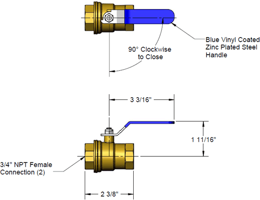 T&S Brass (017487-45B) Ball Valve, 3/4 Female NPT, Brass, Zinc Plated Blue Coated Lever Handle additional product graphic