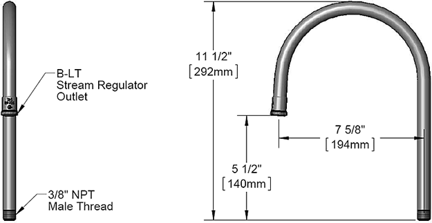 T&S Brass (127X) Rigid Gooseneck, 7-5/8in Spread, 10-1/2in Height, 4-1/2in Clearance additional product graphic