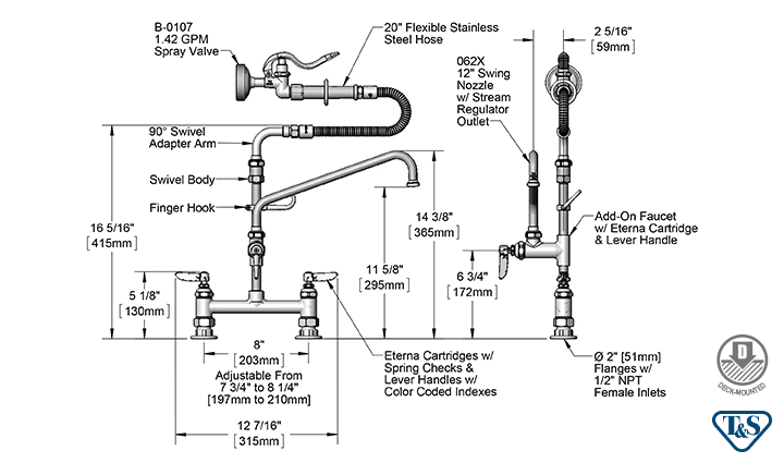 T&S Brass (B-0178) Spray Assembly, 8in Deck Mount Base, 12in Add-On Faucet, Spray Valve & Stainless Steel Flex Hose additional product graphic