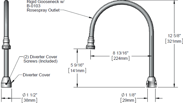 T&S Brass (009436-40) Rigid Gooseneck w/ Rosespray Outlet & Diverter Cover additional product graphic
