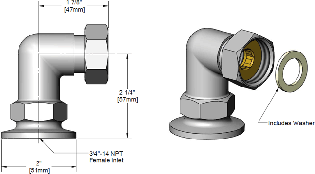 T&S Brass (00YY) 3/4in NPT Female Flange 90 Degree Inlet additional product graphic