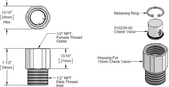 T&S Brass (015073-40) Check Valve Adapter w/ Check Valve & Retaining Ring additional product graphic
