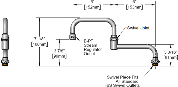 T&S Brass (066X) Double Joint Swing Nozzle, 6in Back Section, 6in Front Section, 12in Overall Length additional product graphic
