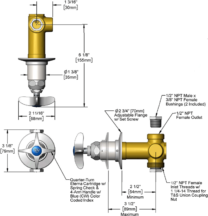T&S Brass (0RK2) Shut-Off Control Valve, Adjustable Flange, Concealed Body, 4-Arm Handle, Blue Index additional product graphic