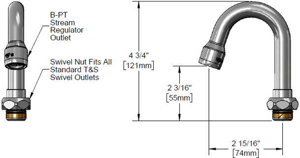 T&S Brass (131X) Swivel Gooseneck, 2-13/16in Spread, 4-3/4in Height, 2-1/2in Clearance additional product graphic