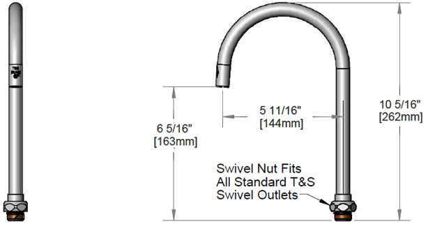 T&S Brass (133XP) Swivel Gooseneck, 5-11/16in Spread, 8-13/16in Height, 4-13/16in Clearance, Plain End Tip additional product graphic