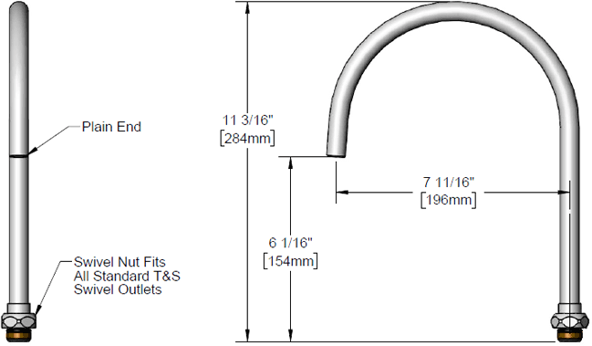 T&S Brass (134XP) Swivel Gooseneck, 7-3/4in Spread, 11-7/16in Height, 5-1/2in Clearance, Plain End Tip additional product graphic