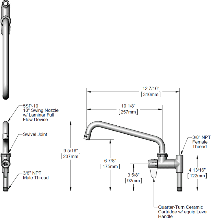 T&S Brass (5AFL10) Faucet, Add-On For Pre-Rinse, 10in Swing Nozzle additional product graphic
