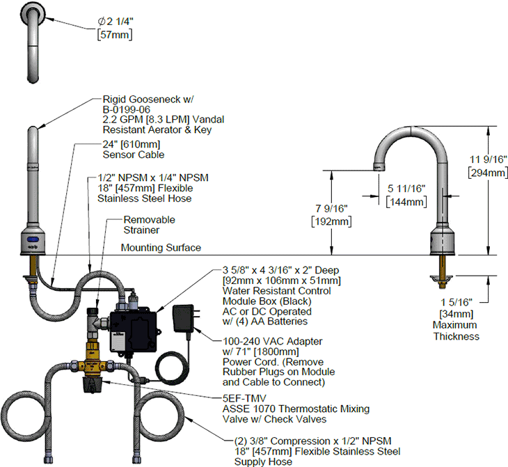 T&S Brass (5EF-1D-DG-TMV) Equip Sensor Faucet: Deck Mount, Single Hole, Rigid Gooseneck, AC/DC Control Module, TMV additional product graphic