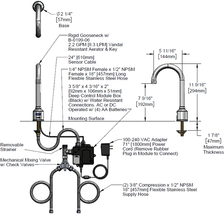 T&S Brass (5EF-1D-DG) Equip Sensor Faucet: Deck Mount, Single Hole, Rigid Gooseneck, AC/DC Module, Mixing Tee additional product graphic