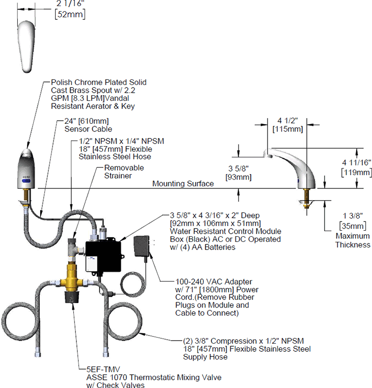 T&S Brass (5EF-1D-DS-TMV) Equip Sensor Faucet: Deck Mount, Single Hole, Cast Spout, AC/DC Control Module, TMV additional product graphic