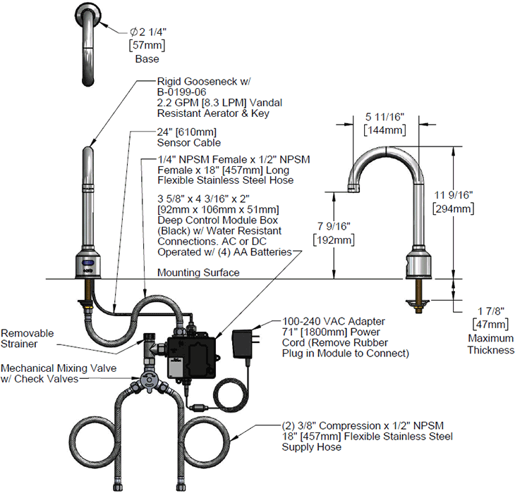 T&S Brass (5EF-1D-DS) Equip Sensor Faucet: Deck Mount, Single Hole, Cast Spout, AC/DC Control Module, Mixing Tee additional product graphic