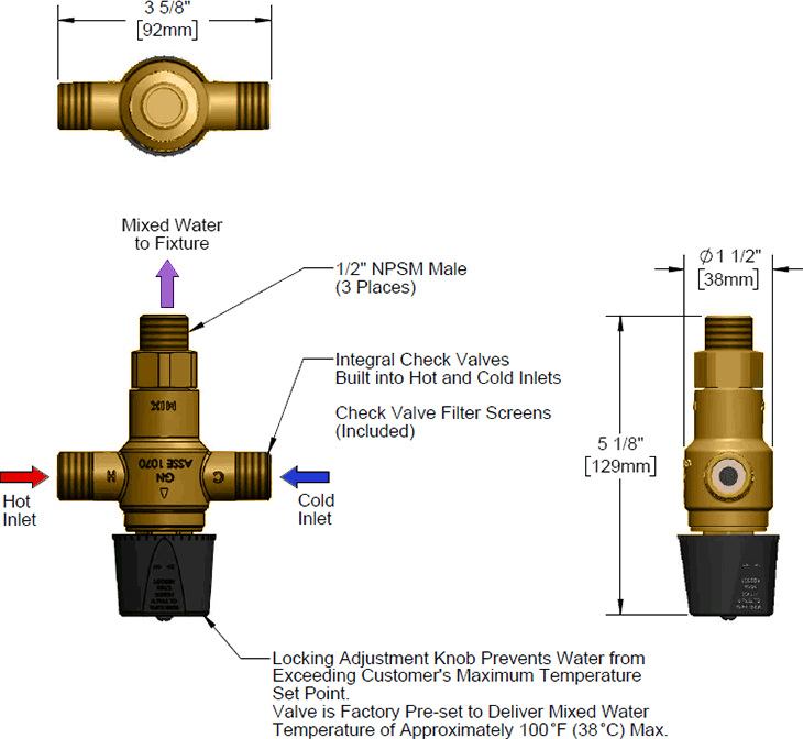 T&S Brass (5EF-TMV) Thermostatic Mixing Valve w/ 1/2in NPSM Male Fittings additional product graphic