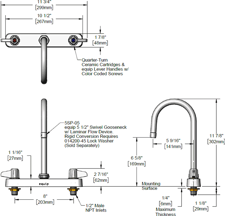 T&S Brass (5F-8CLX05) Equip 8in c/c Deck Mount Workboard Faucet w/ 5-1/2in Swivel Gooseneck additional product graphic