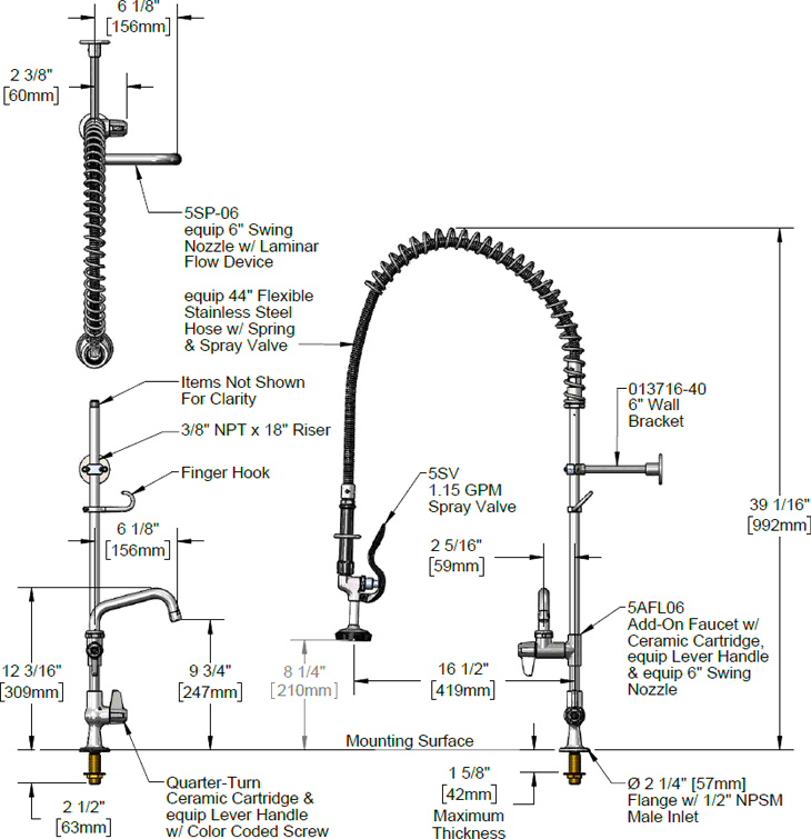 T&S Brass (5PR-1S06) Pre-Rinse Unit: Single Hole, 6in Add-On Faucet additional product graphic
