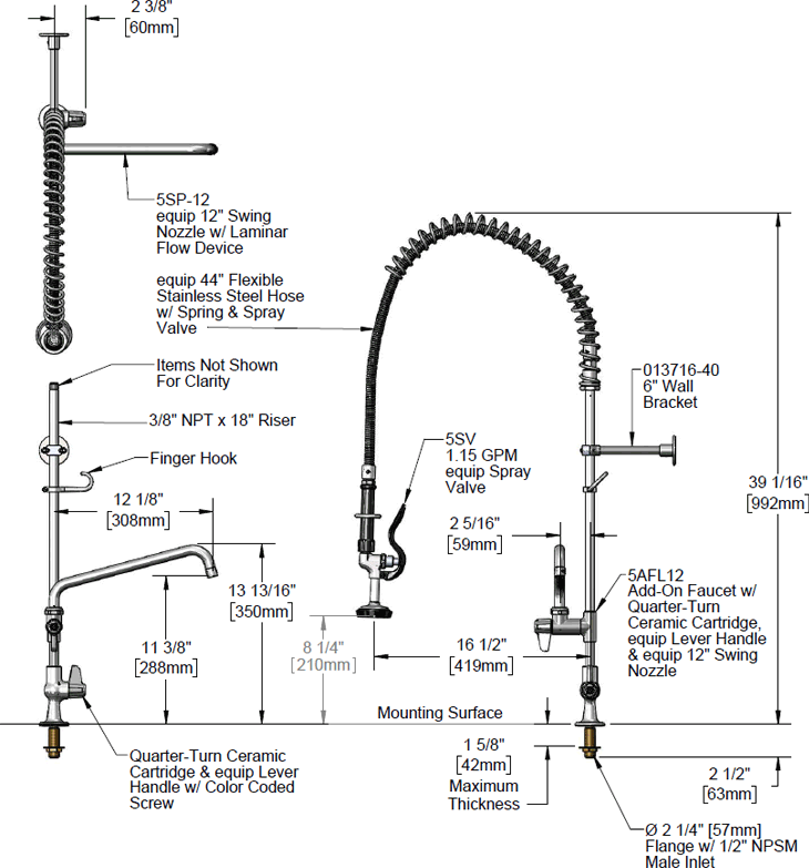 T&S Brass (5PR-1S12) Equip Pre-Rinse Unit: Single Hole, Add-on Faucet with 12in Swing Nozzle, Lever Handles additional product graphic