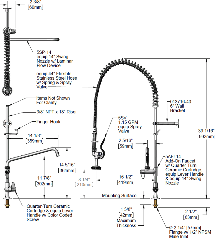 T&S Brass (5PR-1S14) Pre-Rinse, Single Hole, 14in Add-On Faucet additional product graphic