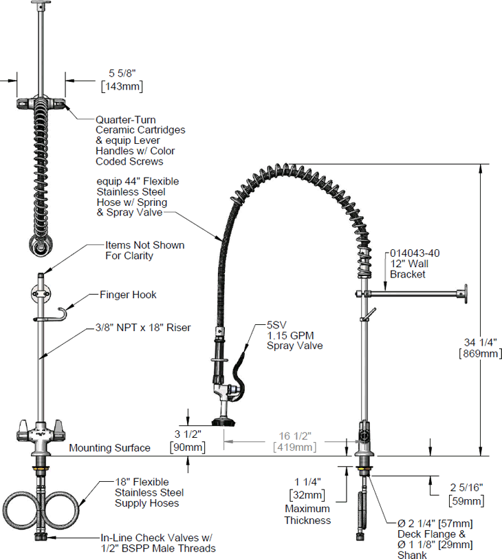 T&S Brass (5PR-2S00-12WB) Pre-Rinse Unit: Single Hole Deck Mount Mixing Faucet w/ Wall Bracket additional product graphic