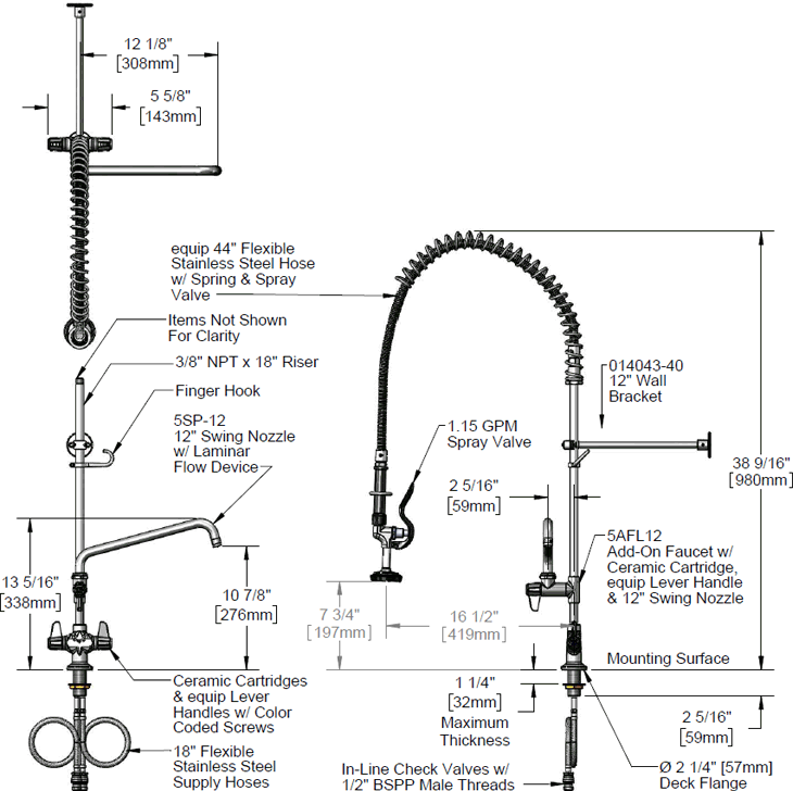 T&S Brass (5PR-2S12-12WB) Pre-Rince, Single Hole Deck Mount Mixing Faucet w/ 12in Wall Bracket additional product graphic