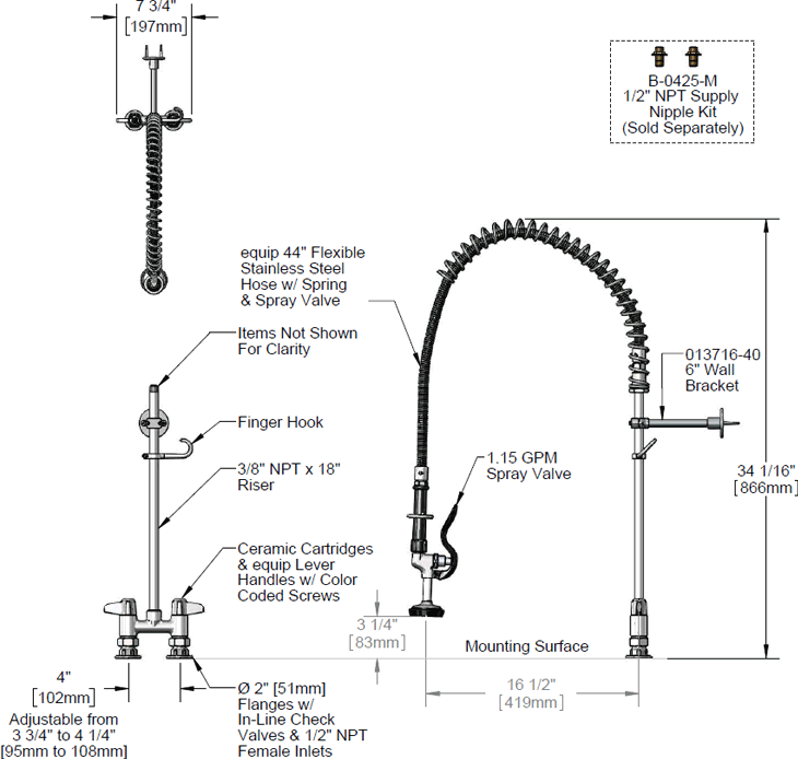 T&S Brass (5PR-4D00) Pre-Rinse, Deck Mount Base, 4in Centers, 6in Wall Bracket (Equip) additional product graphic