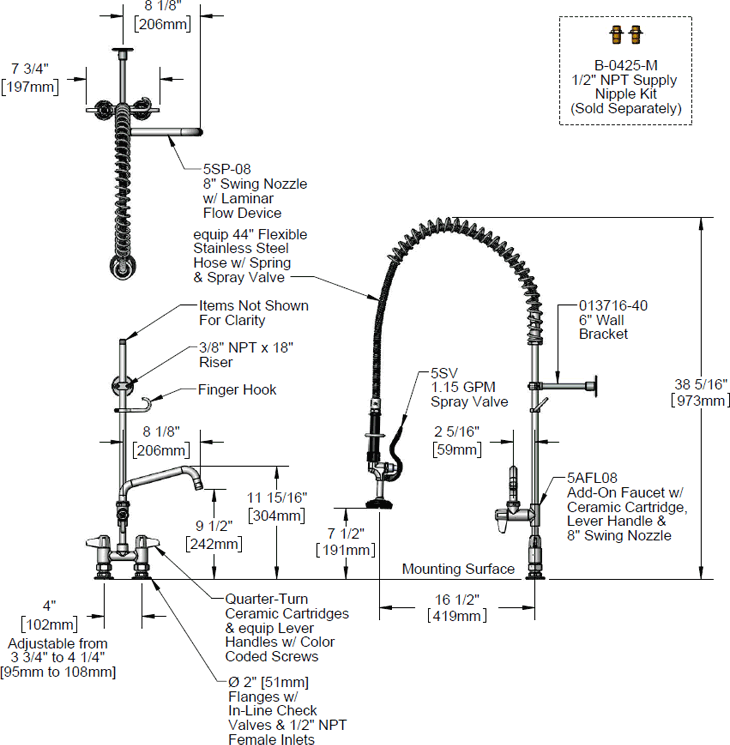 T&S Brass (5PR-4D08) Pre-Rinse, Deck Mount Base, 4in Centers, 6in Wall Bracket, 8in Add-On Faucet additional product graphic