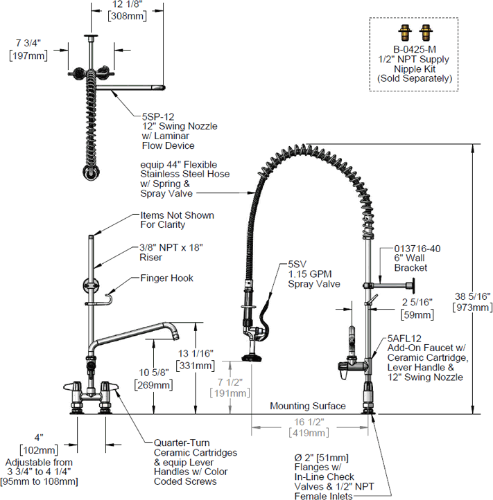 T&S Brass (5PR-4D12) Equip Pre-Rinse, 4in Deck Mount Base, Add-On Faucet w/ 12in Swing Nozzle, 5SV Spray Valve additional product graphic