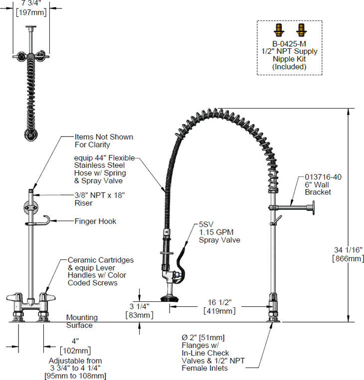 T&S Brass (5PR-4DLS00) Pre-Rinse, 4in Deck Mount Base, Ceramics, Lever Handles, 6in Wall Bracket, Supply Nipple Kit additional product graphic
