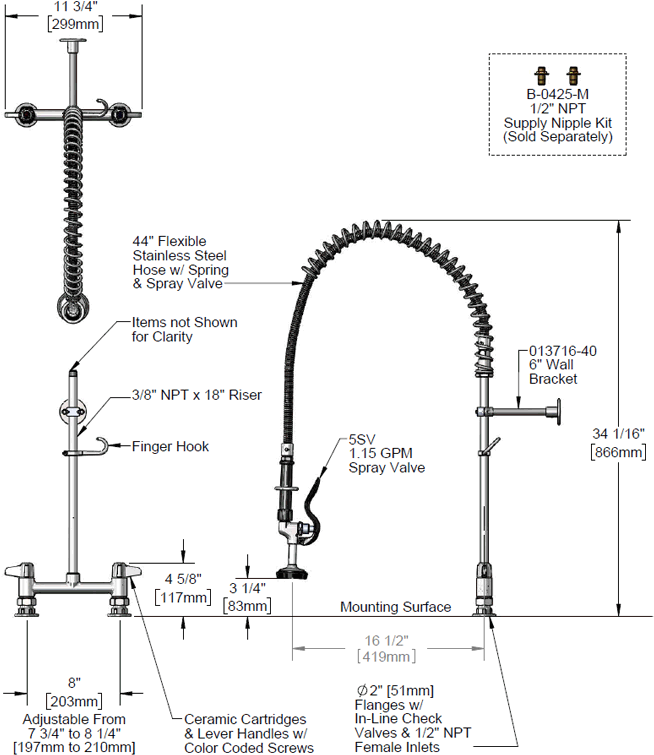 T&S Brass (5PR-8D00) Pre-Rinse, 8in Centers, Deck Mount, Less Add-On Faucet additional product graphic
