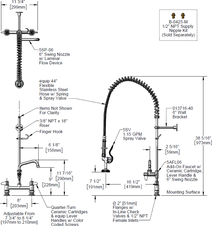 T&S Brass (5PR-8D06) Pre-Rinse, 8in Centers, Deck Mount, 6in Add-On Faucet additional product graphic