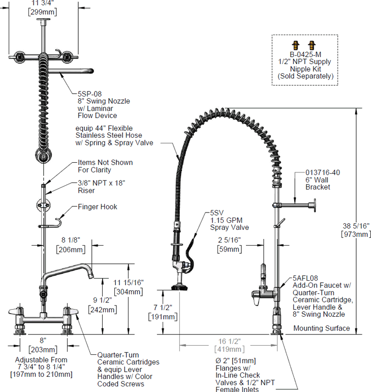 T&S Brass (5PR-8D08) Equip Pre-Rinse Unit: 8in Deck Mount, Add-On Faucet, 8in Swing Nozzle, 5SV Sprayer, Bracket additional product graphic