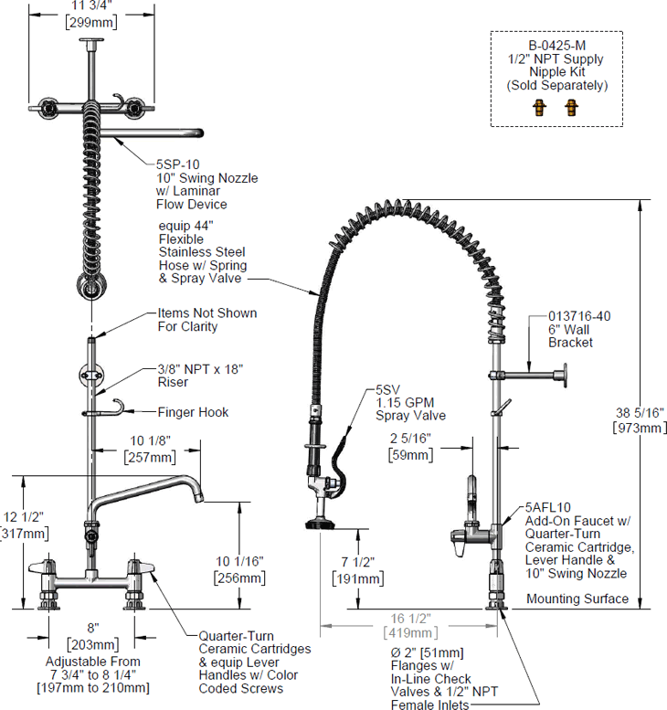 T&S Brass (5PR-8D10) Pre-Rinse, 8in Centers, Deck Mount, 10in Add-On Faucet Nozzle additional product graphic