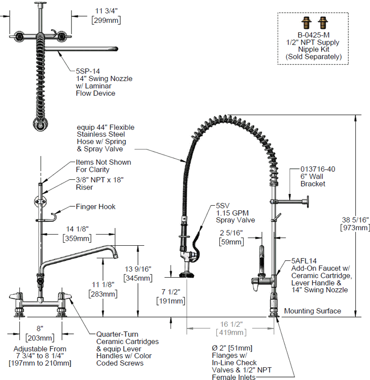 T&S Brass (5PR-8D14) Pre-Rinse, 8in Centers, Deck Mount, 14in Add-On Faucet additional product graphic