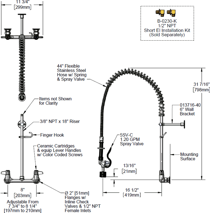 T&S Brass (5PR-8W00-C) Equip Pre-Rinse Unit: 8in Wall Mount Base w/ Low-Flow Spray Valve additional product graphic