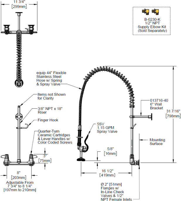 T&S Brass (5PR-8W00) Pre-Rinse, Wall Mount Base, 8in Centers, 6in Wall Bracket additional product graphic