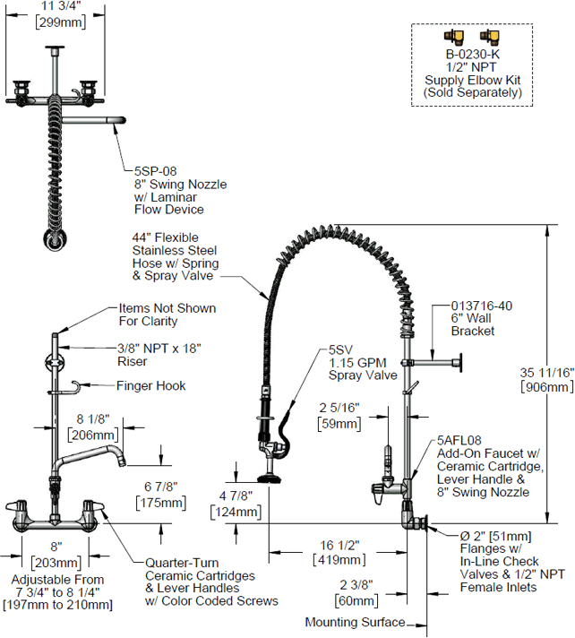 T&S Brass (5PR-8W08) Pre-Rinse, Wall Mount Base, 8in Centers, 6in Wall Bracket, 8in Add-On Faucet additional product graphic