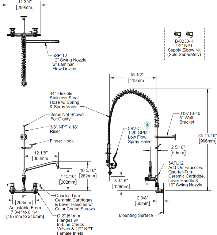 T&S Brass (5PR-8W12-C) Pre-Rinse Unit: 8in Wall Mount, Low-Flow Spray Valve, Add-On Faucet & 12in Swing Nozzle additional product graphic